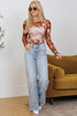 Fitted Sheer Mesh Floral Print Long Sleeve Top