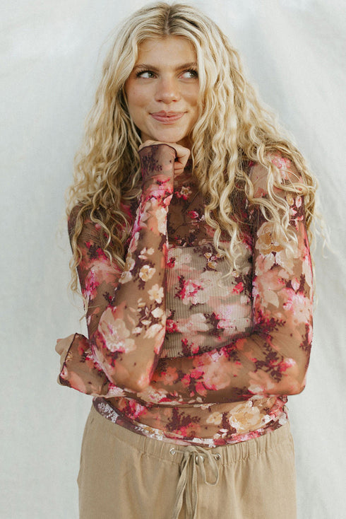 Fitted Sheer Mesh Floral Print Long Sleeve Top