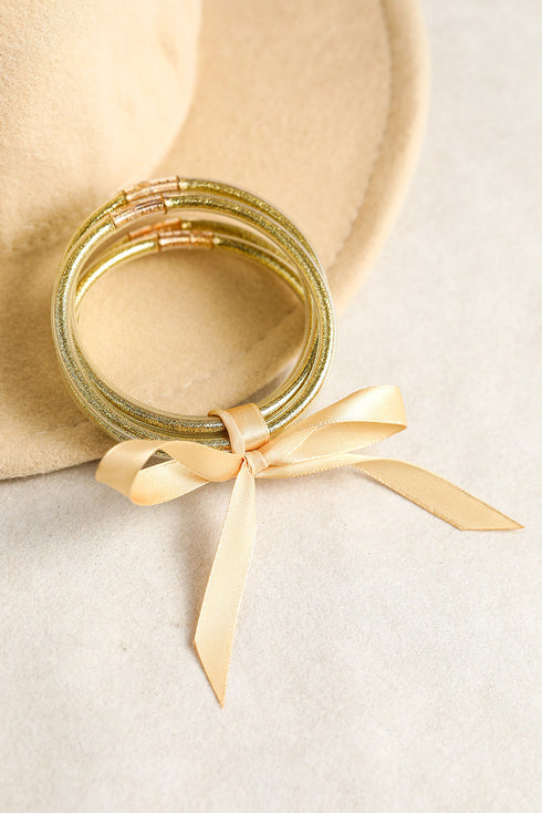 Five Piece Glitter Jelly Bow Ribbon Bracelet Set