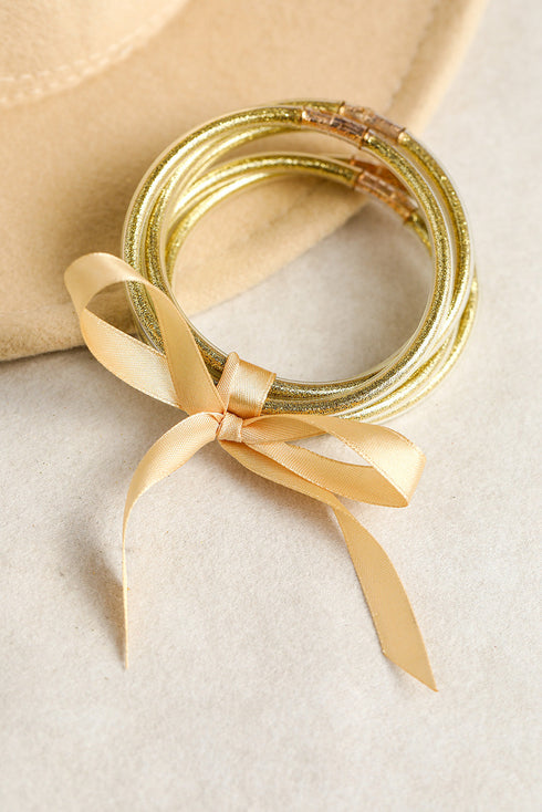 Five Piece Glitter Jelly Bow Ribbon Bracelet Set