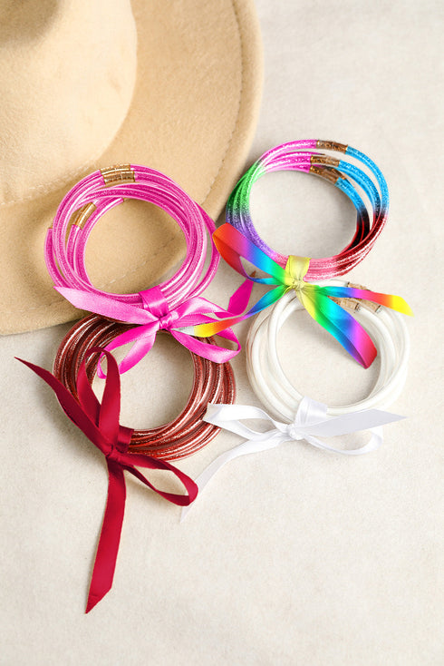 Five Piece Glitter Jelly Bow Ribbon Bracelet Set