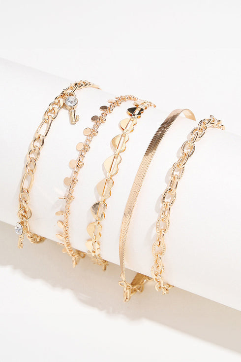 Five Piece Heart Charm Rhinestone Dangle Anklet Set