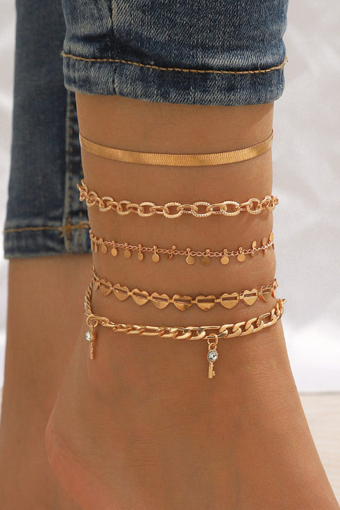 Five Piece Heart Charm Rhinestone Dangle Anklet Set