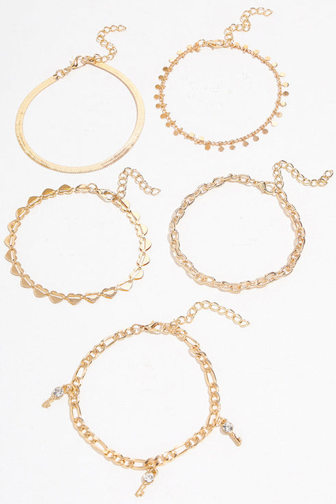 Five Piece Heart Charm Rhinestone Dangle Anklet Set