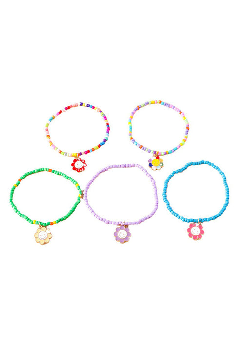 Five Piece Smiley Flower Pendant Beaded Bracelet Set