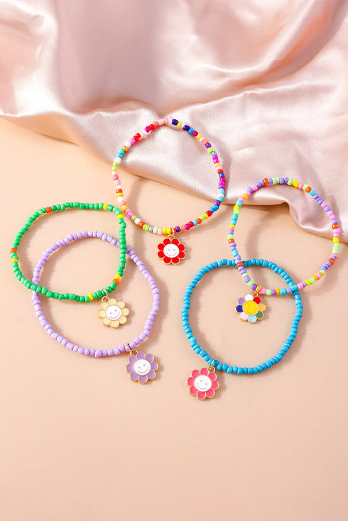 Five Piece Smiley Flower Pendant Beaded Bracelet Set