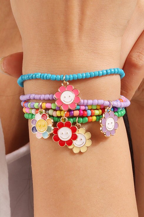 Five Piece Smiley Flower Pendant Beaded Bracelet Set