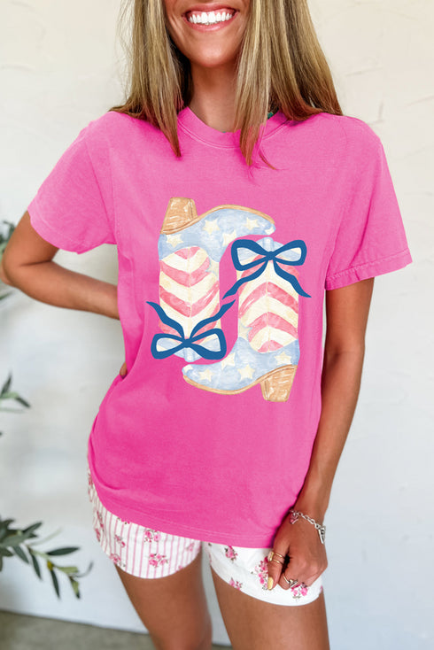 Flag Boots Bow Print Relaxed Fit Patriotic Graphic Tee