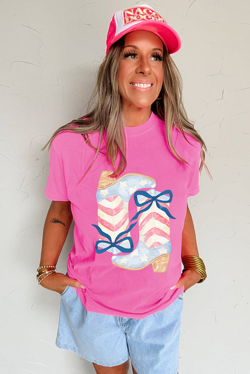 Flag Boots Bow Print Relaxed Fit Patriotic Graphic Tee