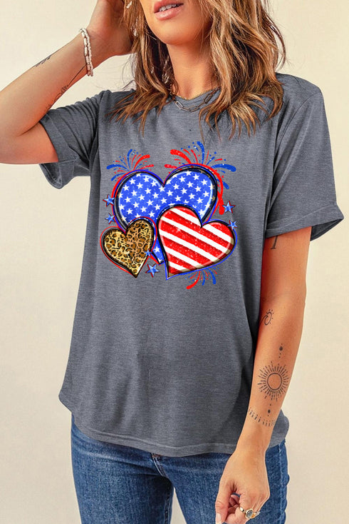 Flag Patterned Heart Graphic Short Sleeve Crew Neck Tee
