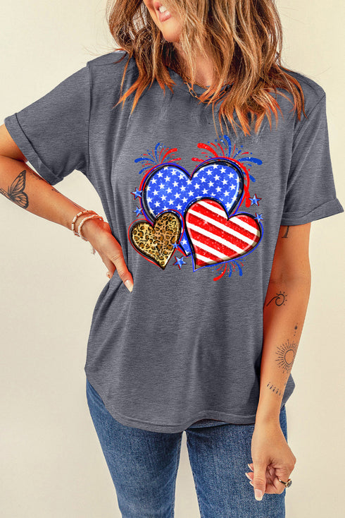 Flag Patterned Heart Graphic Short Sleeve Crew Neck Tee