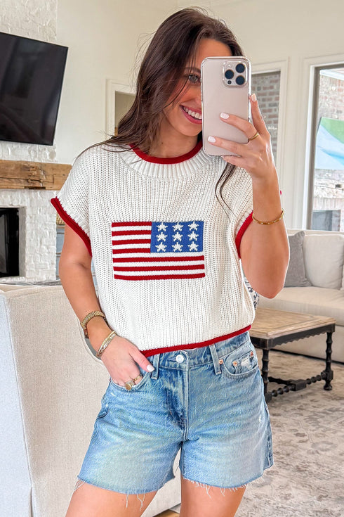 Flag Print Cropped Knit Short Sleeve Sweater