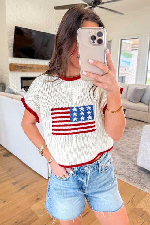 Flag Print Cropped Knit Short Sleeve Sweater