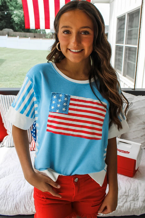 Flag Print Patchwork Stripe Graphic T Shirt
