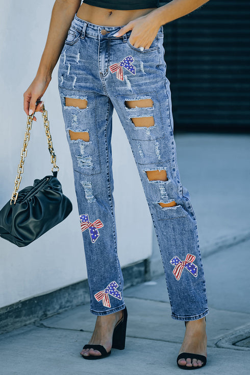 Flag Sequin Bow Graphic Distressed Light Wash Denim Jeans