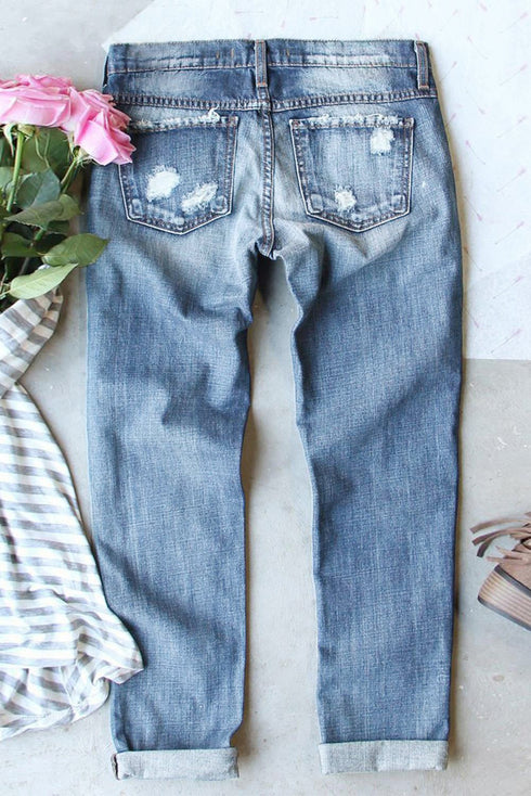 Flag Sequin Bow Graphic Distressed Light Wash Denim Jeans