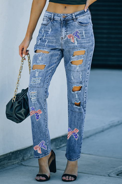 Flag Sequin Bow Graphic Distressed Light Wash Denim Jeans