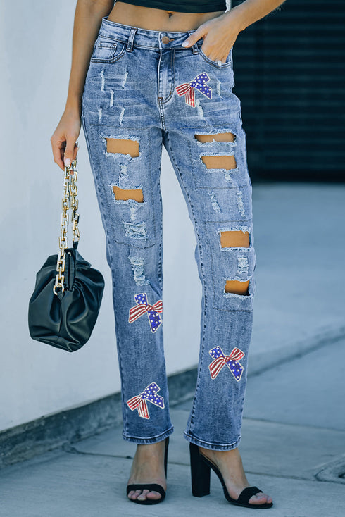 Flag Sequin Bow Graphic Distressed Light Wash Denim Jeans
