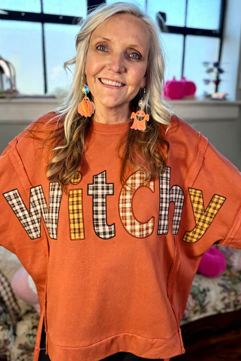 Flamingo Witchy Plaid Slogan Embroidered Patch Tunic Sweatshirt