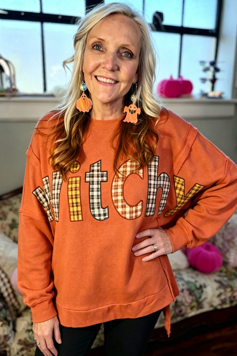 Flamingo Witchy Plaid Slogan Embroidered Patch Tunic Sweatshirt