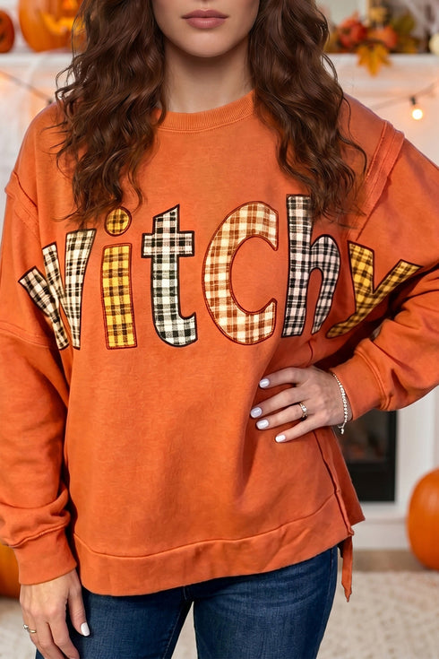 Flamingo Witchy Plaid Slogan Embroidered Patch Tunic Sweatshirt