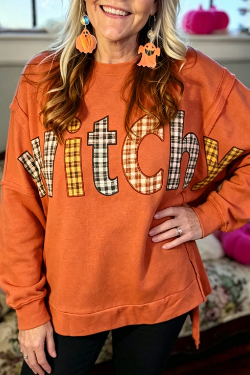Flamingo Witchy Plaid Slogan Embroidered Patch Tunic Sweatshirt