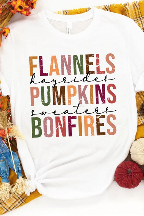 Flannels Pumpkins Bonfires Graphic Print Crewneck Tee