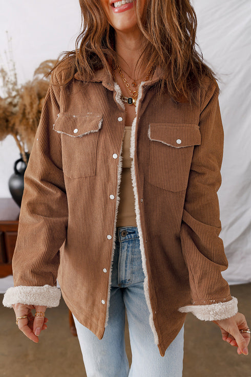 Fleece Lined Flap Pocket Button Down Corduroy Jacket