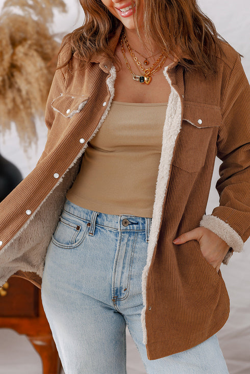 Fleece Lined Flap Pocket Button Down Corduroy Jacket