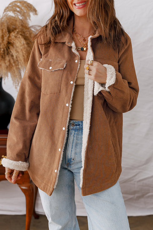 Fleece Lined Flap Pocket Button Down Corduroy Jacket