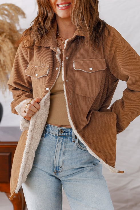 Fleece Lined Flap Pocket Button Down Corduroy Jacket