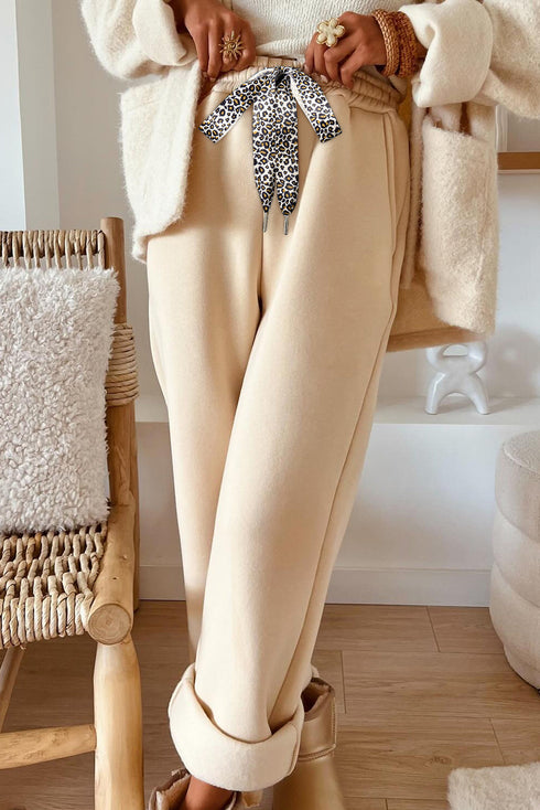 Fleece Lined Leopard Drawstring Elastic Waist Lounge Pants