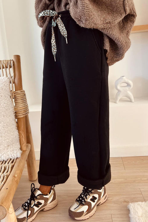 Fleece Lined Leopard Drawstring Elastic Waist Lounge Pants