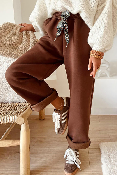 Fleece Lined Leopard Drawstring Elastic Waist Lounge Pants