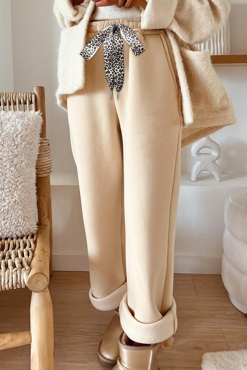 Fleece Lined Leopard Print Drawstring Elastic Waist Pants
