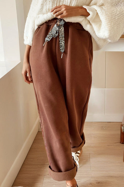 Fleece Lined Leopard Print Drawstring Elastic Waist Pants