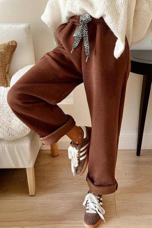 Fleece Lined Leopard Print Drawstring Elastic Waist Pants