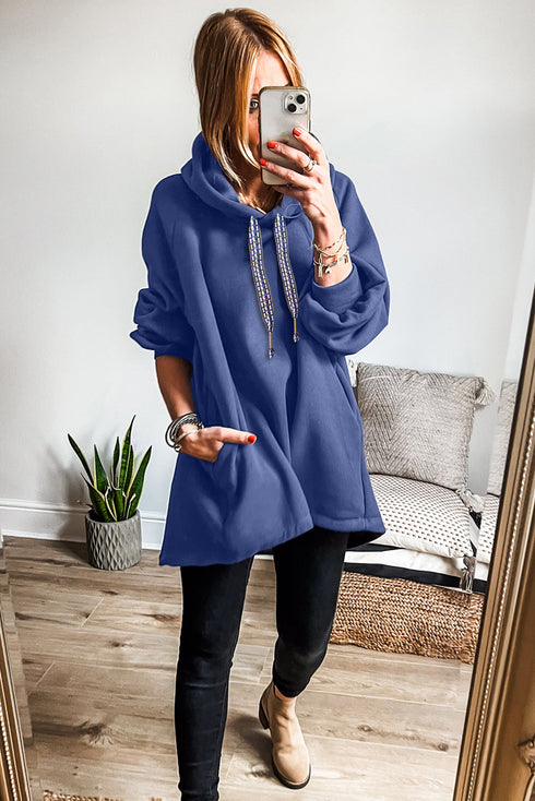 Fleece Lined Oversize Drawstring Hood Balloon Sleeve Tunic Hoodie