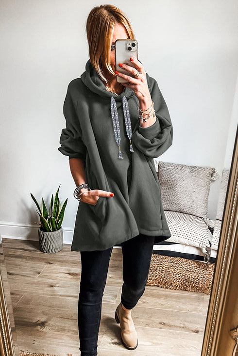 Fleece Lined Oversize Drawstring Hood Balloon Sleeve Tunic Hoodie