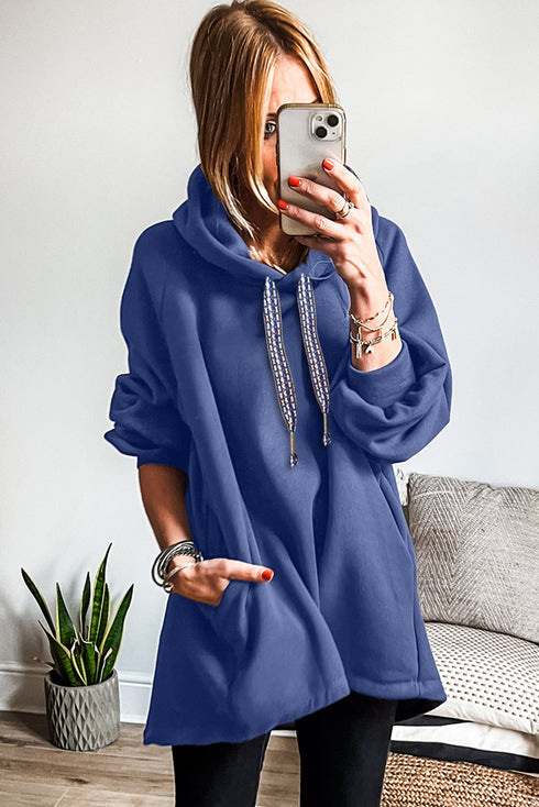 Fleece Lined Oversize Drawstring Hood Balloon Sleeve Tunic Hoodie