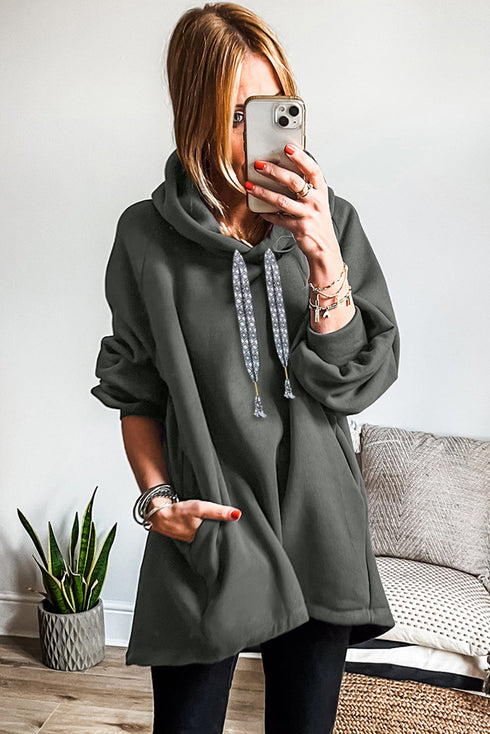Fleece Lined Oversize Drawstring Hood Balloon Sleeve Tunic Hoodie