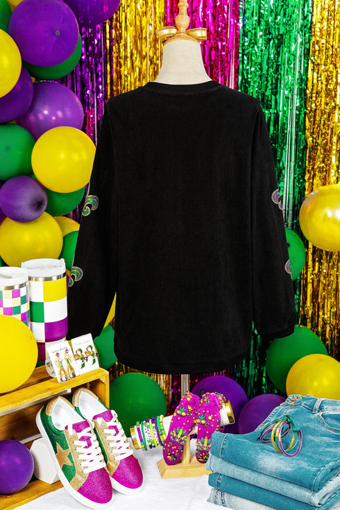 Fleur De Lis Sequin Patch Corded Ribbed Pullover