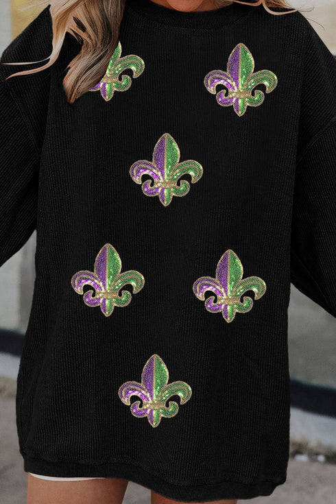 Fleur De Lis Sequin Patch Corded Ribbed Pullover