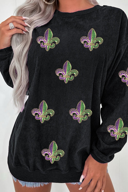 Fleur De Lis Sequin Patch Corded Ribbed Pullover
