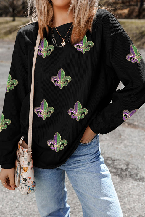 Fleur De Lis Sequin Patch Corded Ribbed Pullover