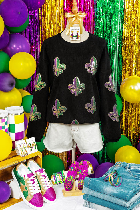 Fleur De Lis Sequin Patch Corded Ribbed Pullover