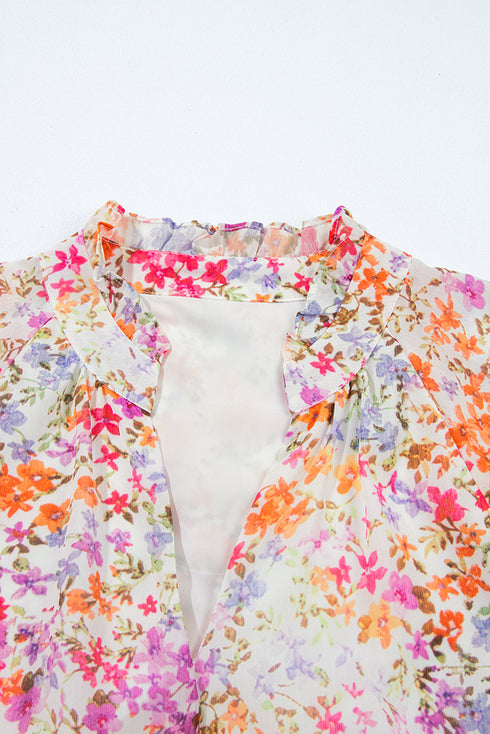 Flirty Floral Fields Puff Sleeve Notched Neck Tiered Mini Dress