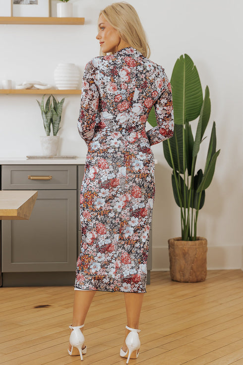 Floral Allover Print Mock Neck Bodycon Long Sleeve Midi Dress