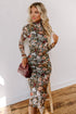 Floral Allover Print Mock Neck Bodycon Long Sleeve Midi Dress