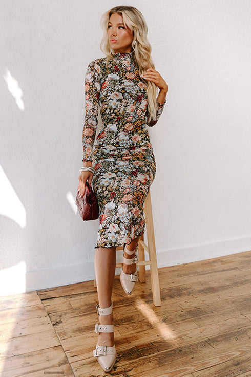 Floral Allover Print Mock Neck Bodycon Long Sleeve Midi Dress